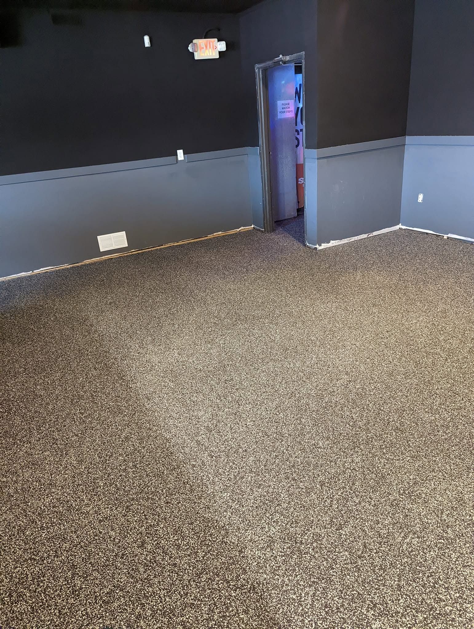 Empty room with dark walls, blue lower trim, and a patterned carpet; open doorway at right.