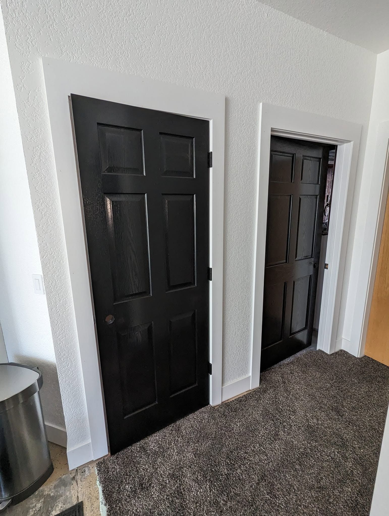 Two black interior doors in a carpeted hallway with textured white walls