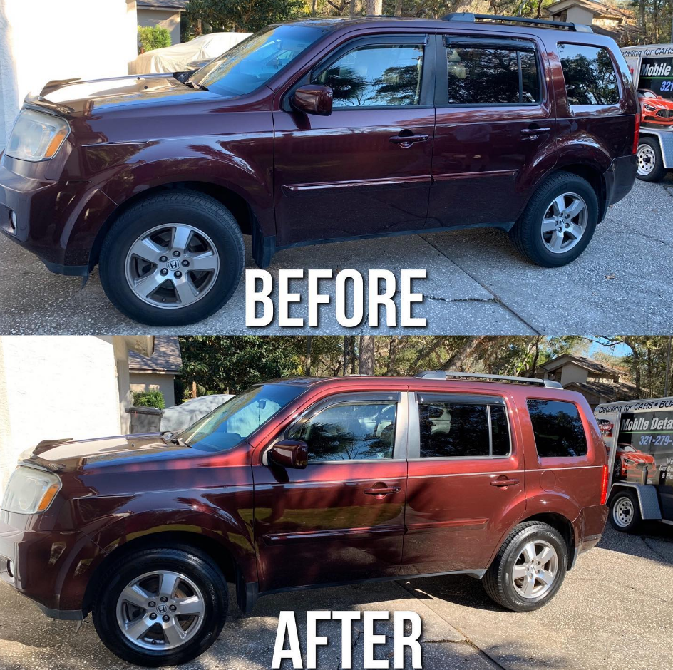 Before and after shot of a maroon SUV. The