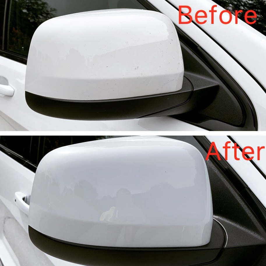 White car side mirror before and after cleaning.