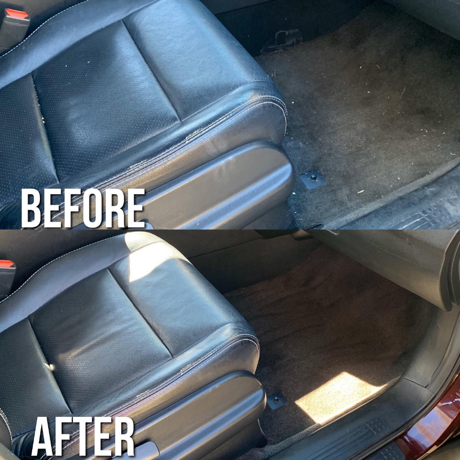 Car interior before and after cleaning. Dirty seat and carpet compared to clean seat and carpet.