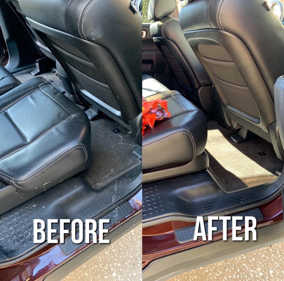 Before and after cleaning of car interior: dirty to clean black leather seats and floor.