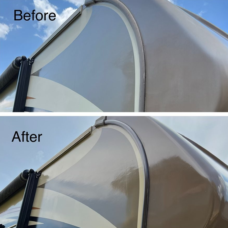 Comparison: RV exterior before and after detailing. The glossy surface appears brighter and cleaner.