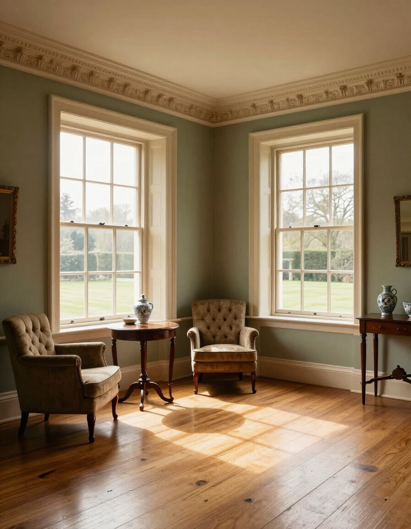 Elegant Buckinghamshire drawing room interior with tall sash windows and period features