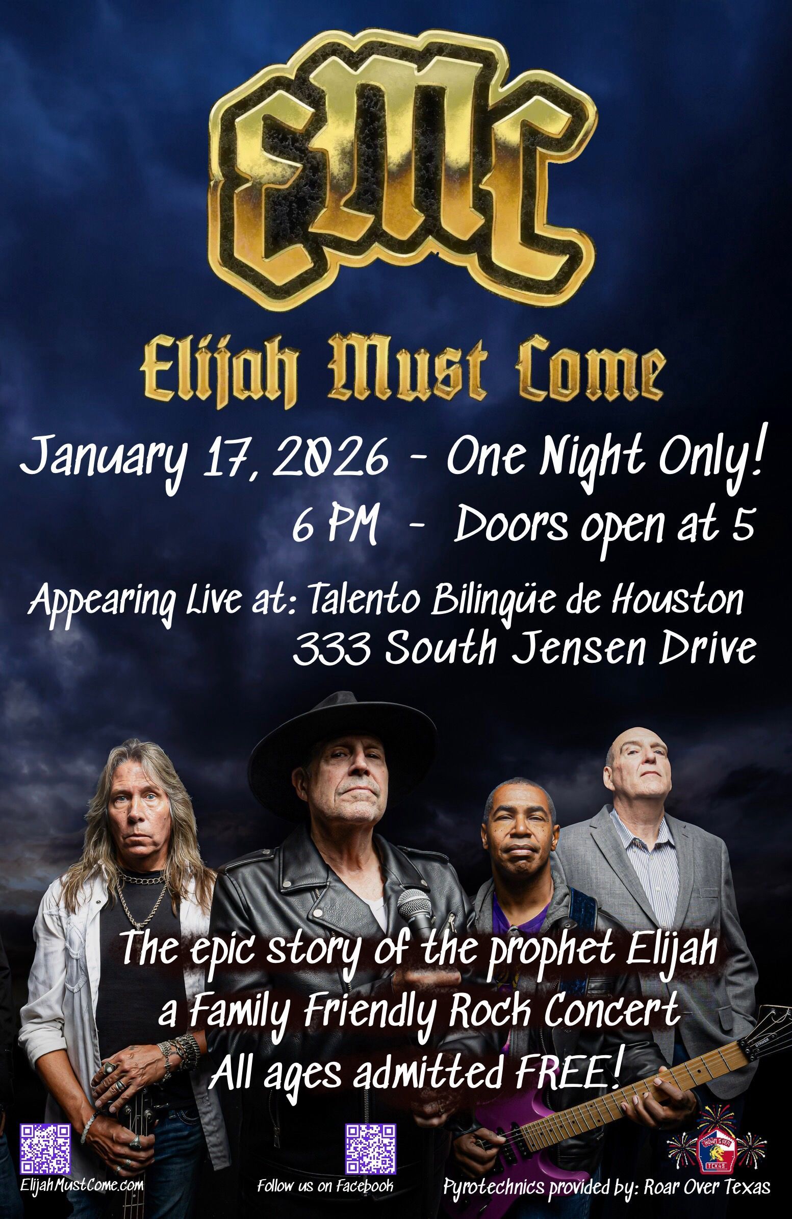 Poster for Elijah Must Come concert, January 17, 2026, at Talento Bilingüe de Houston. Band members with text on the theme.