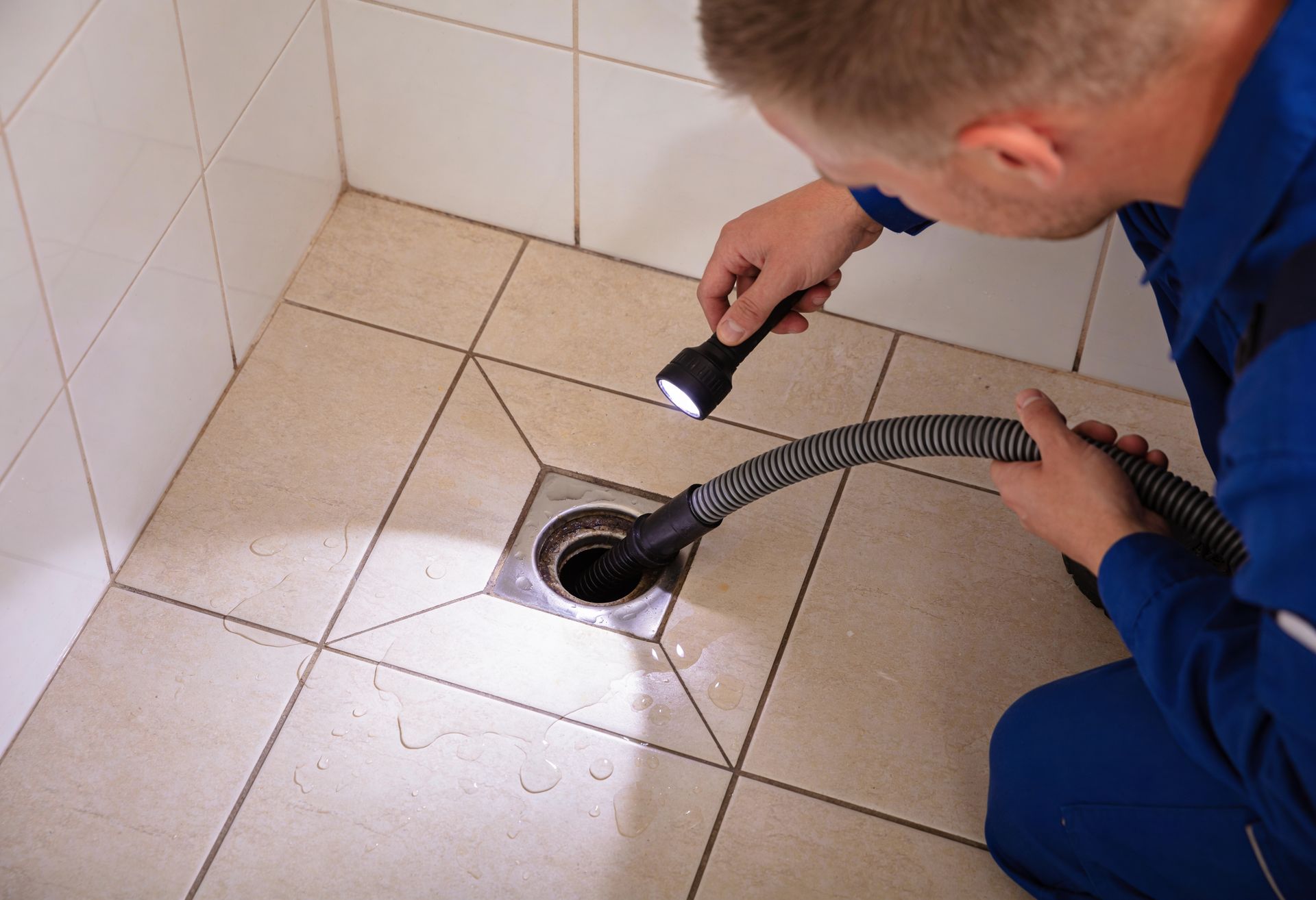 A plumber is cleaning a clogged floor drain with a hose and inspecting it with a flashlight. A plumber is cleaning a clogged floor drain with a hose and inspecting it with a flashlight.