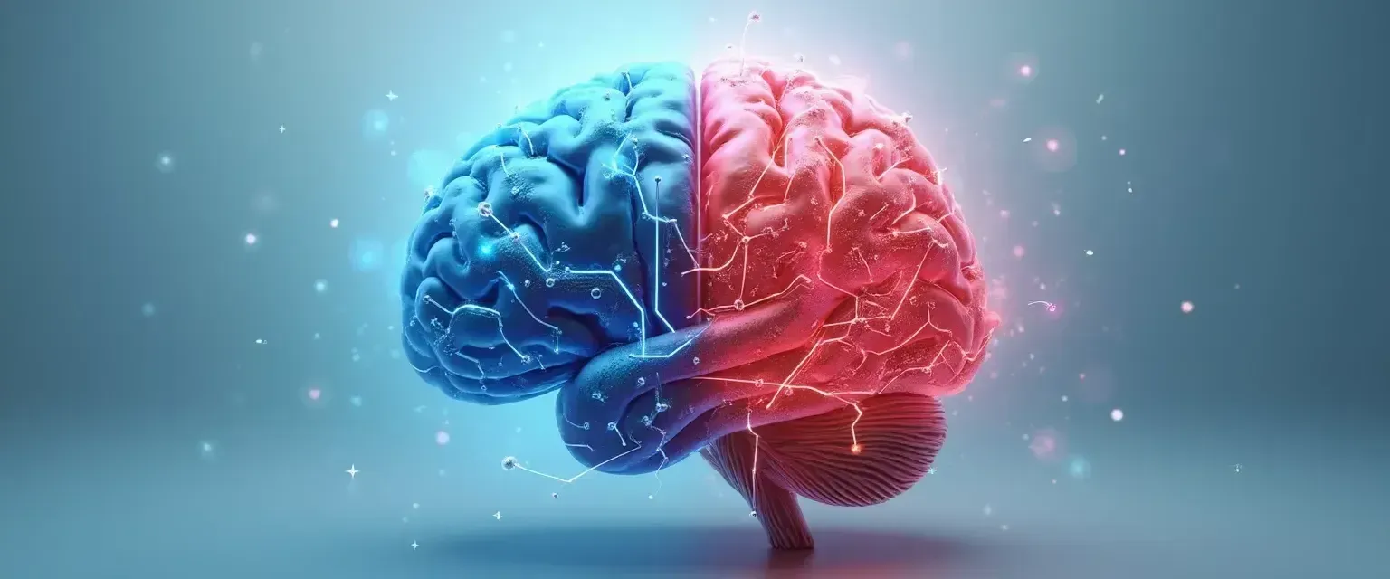 A glowing brain split in half, blue and red, with connecting lines.
