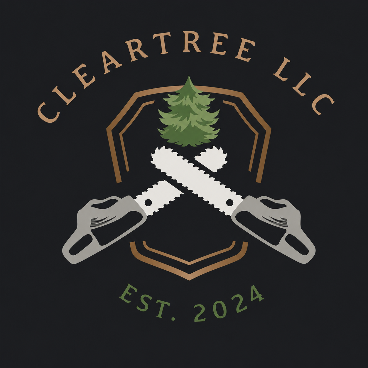 Crosed chainsaw logo with pine tree and orange shield, reading &ldquo;Cleartree LLC&rdquo; and &ldquo;Est. 2024&rdquo;