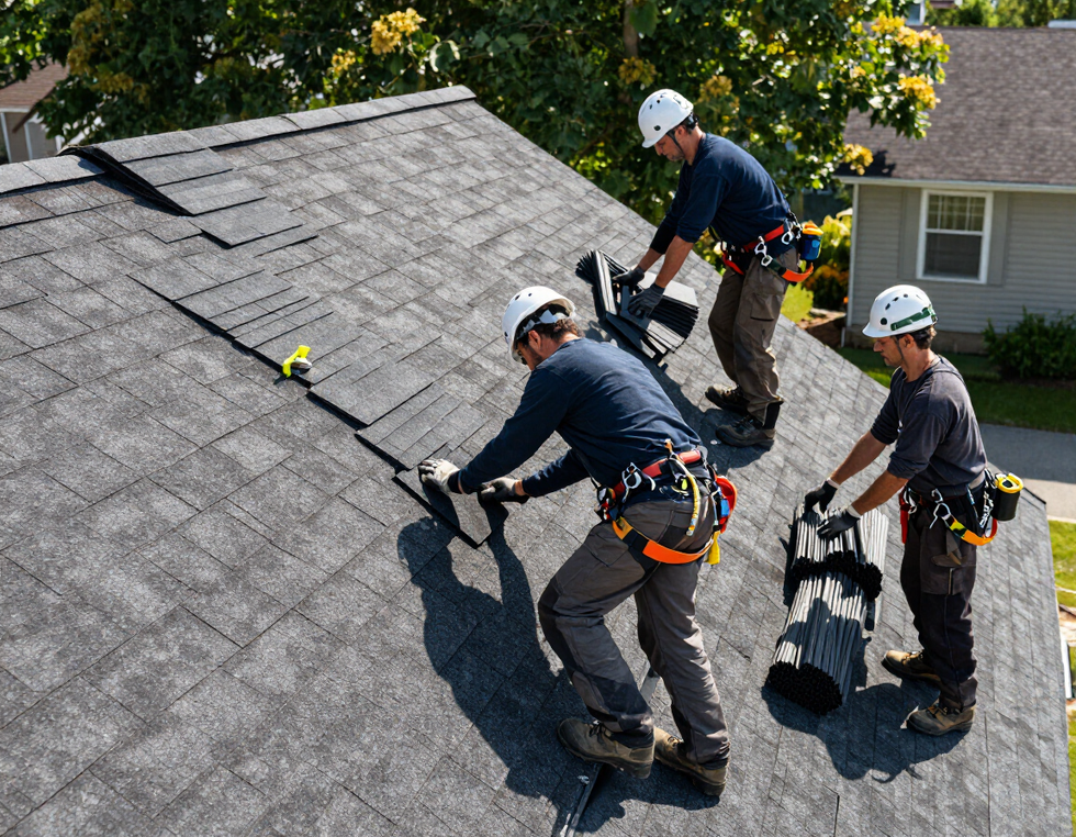 Roofing crew installing shingles on a residential roof