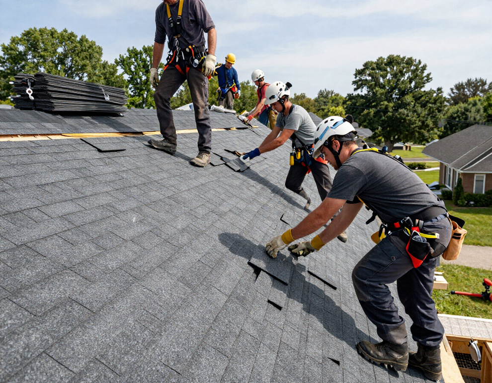 Roofing crew installing new asphalt shingles