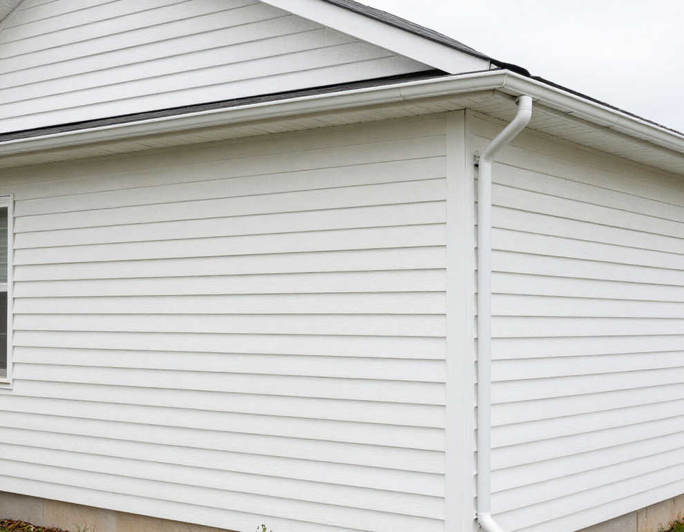 White vinyl siding home with new gutters