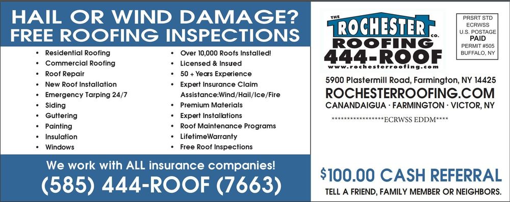 Rochester Roofing postcard listing services, free roofing inspections and cash referral
