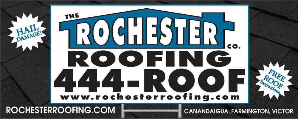 Rochester Roofing postcard with yard sign: hail damage and free roof inspections
