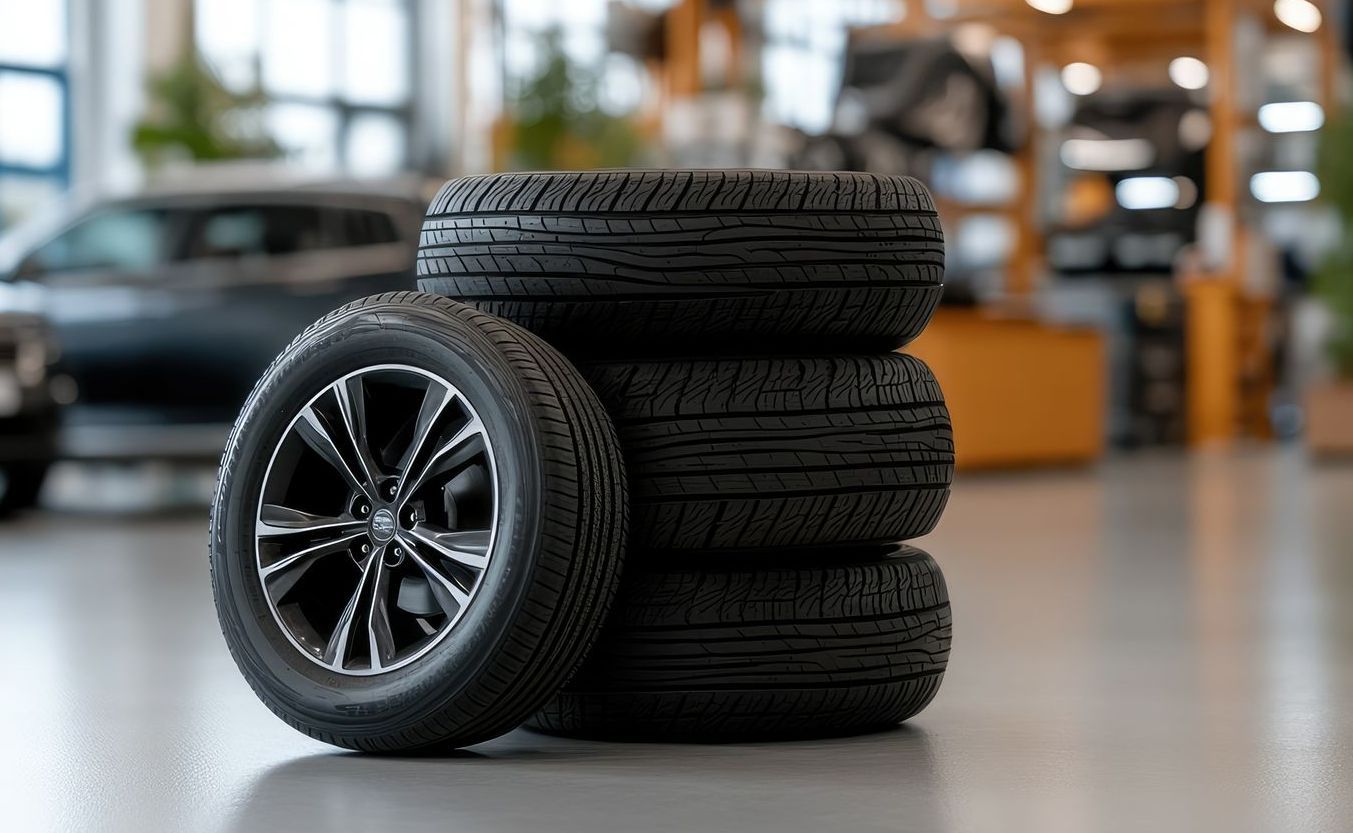Stacked car tires in a garage, with one tire mounted on a black alloy wheel in front.