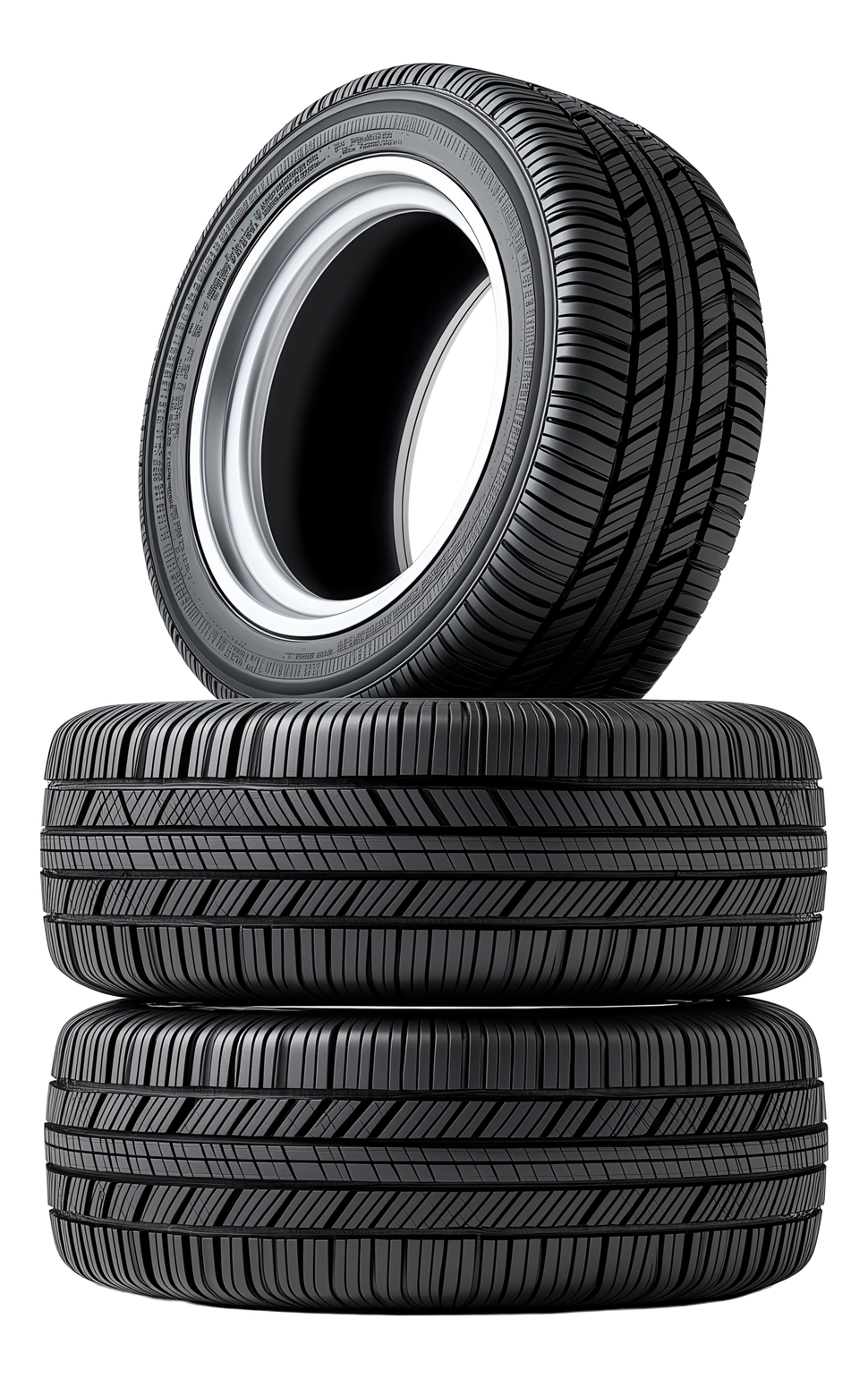 Three black car tires stacked with one tire leaning on top.