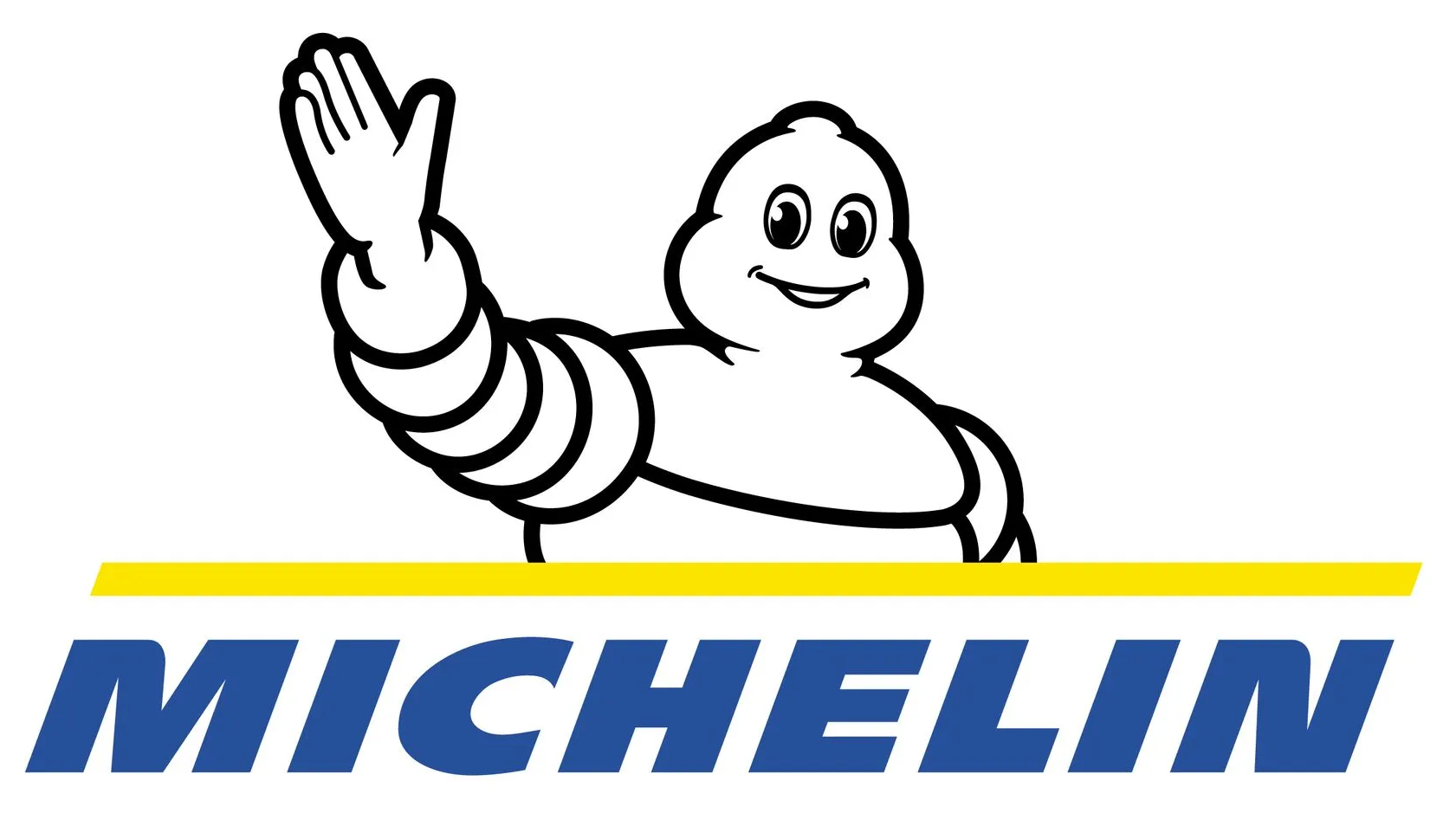 Michelin logo with the Bibendum mascot waving above blue text and a yellow line