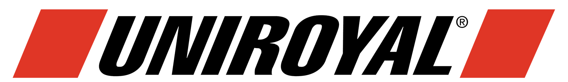 Uniroyal logo with black text and red slanted bars on a white background