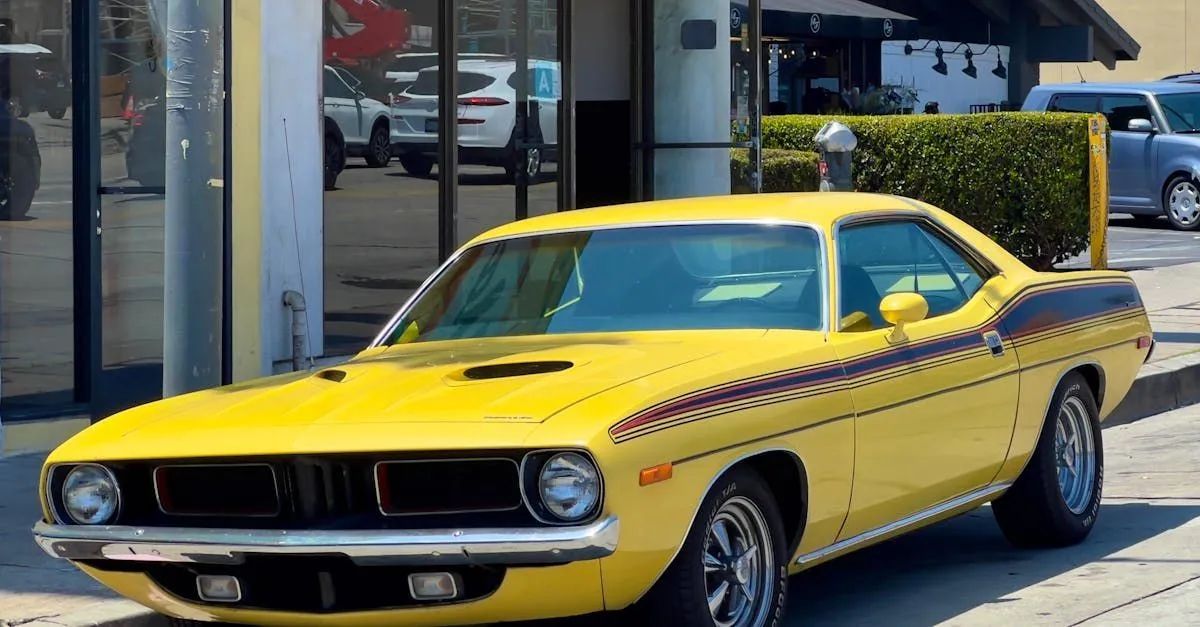 Yellow classic muscle car parked outside a dealership.