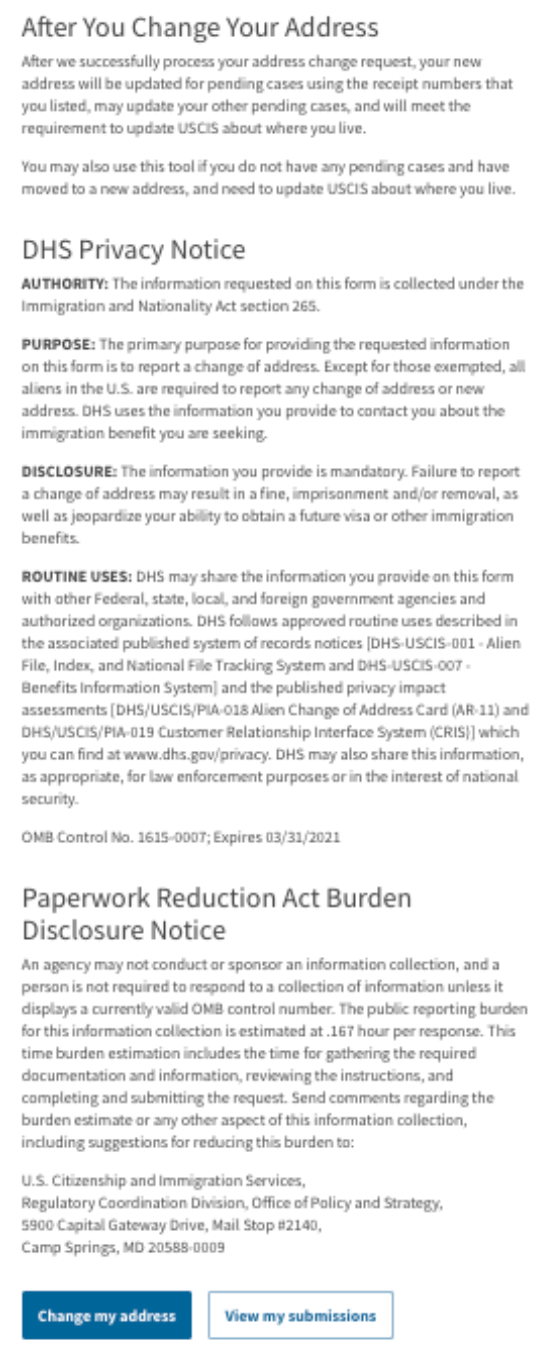 Text about changing address, DHS privacy, and paperwork reduction act. Change or view address buttons.