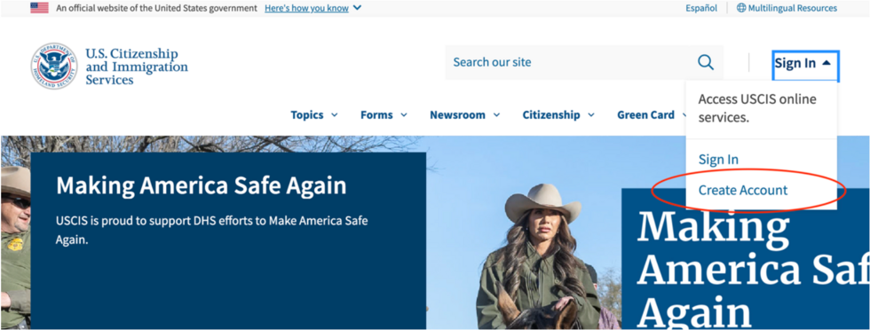 Screenshot of the USCIS website with the