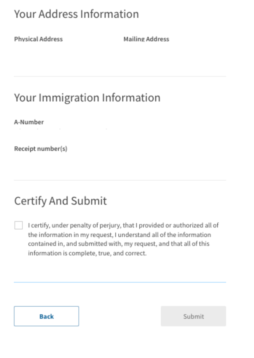 Form with fields for address, immigration details, and a certification statement to submit.
