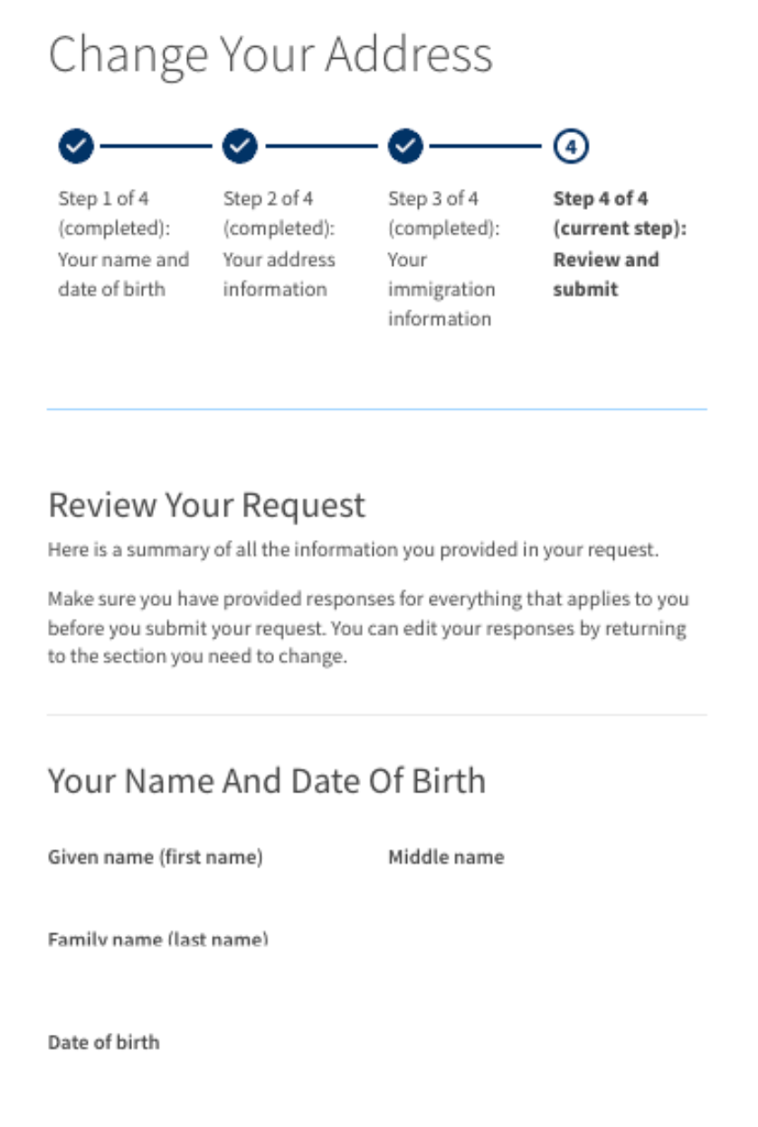 A form to change an address with a progress bar. Displays sections: name/DOB, address, immigration info, review/submit.