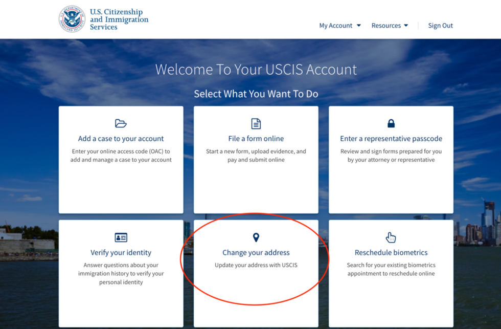 USCIS account dashboard with options;