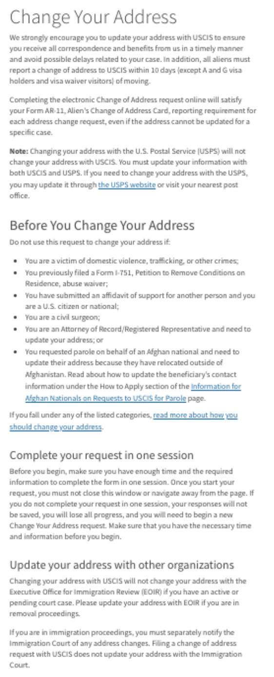 Text instructions for changing your address, including steps and online resources.