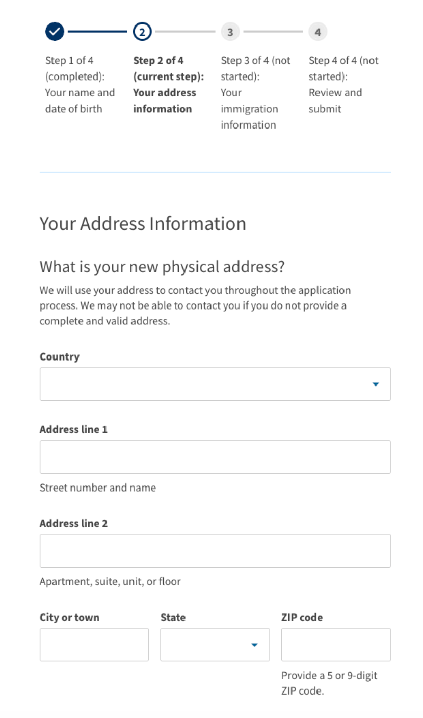 Address information form with fields for physical address details: country, address line, city, state, zip code.
