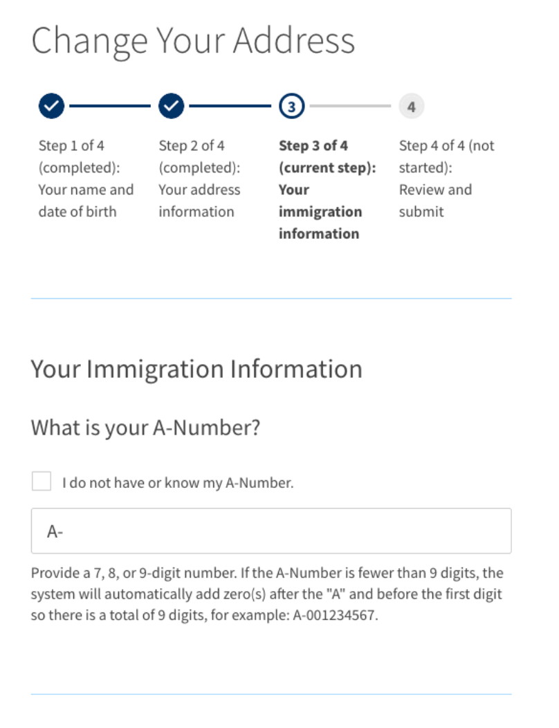 A webpage for changing an address with a form to enter an