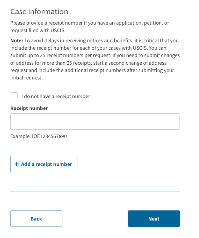 Form for entering USCIS receipt numbers, with a field to input and a