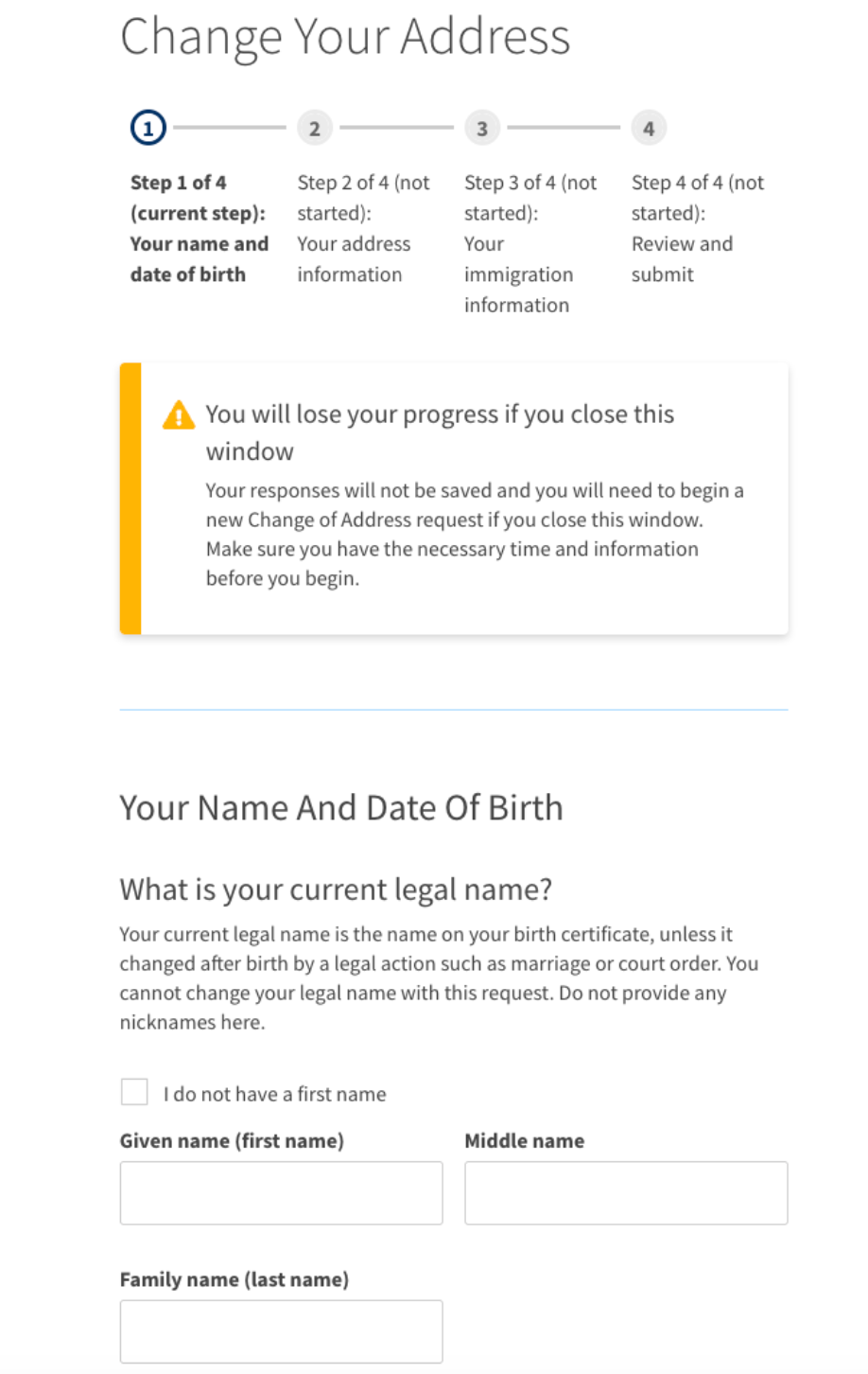 Webpage to change address. Instructions in steps. Requires name & date of birth. Includes warning about losing progress.