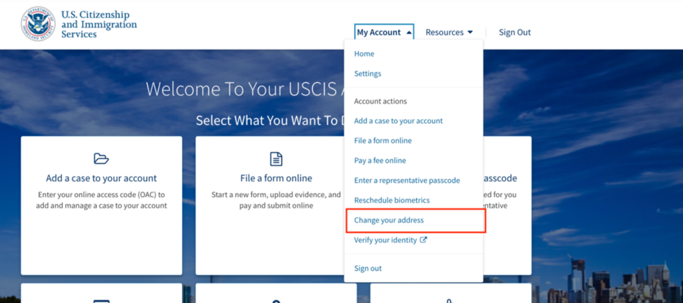 USCIS website, My Account options include