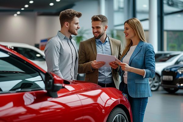 Three people reviewing documents beside a red car in a dealership showroom