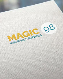MAGIC 98 Insurance Services logo in yellow and blue on a light textured background