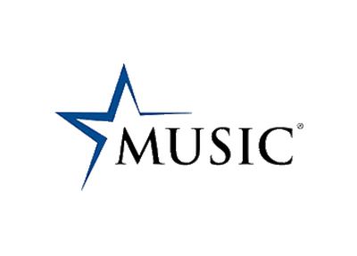 Blue star logo with the word “MUSIC” in black text