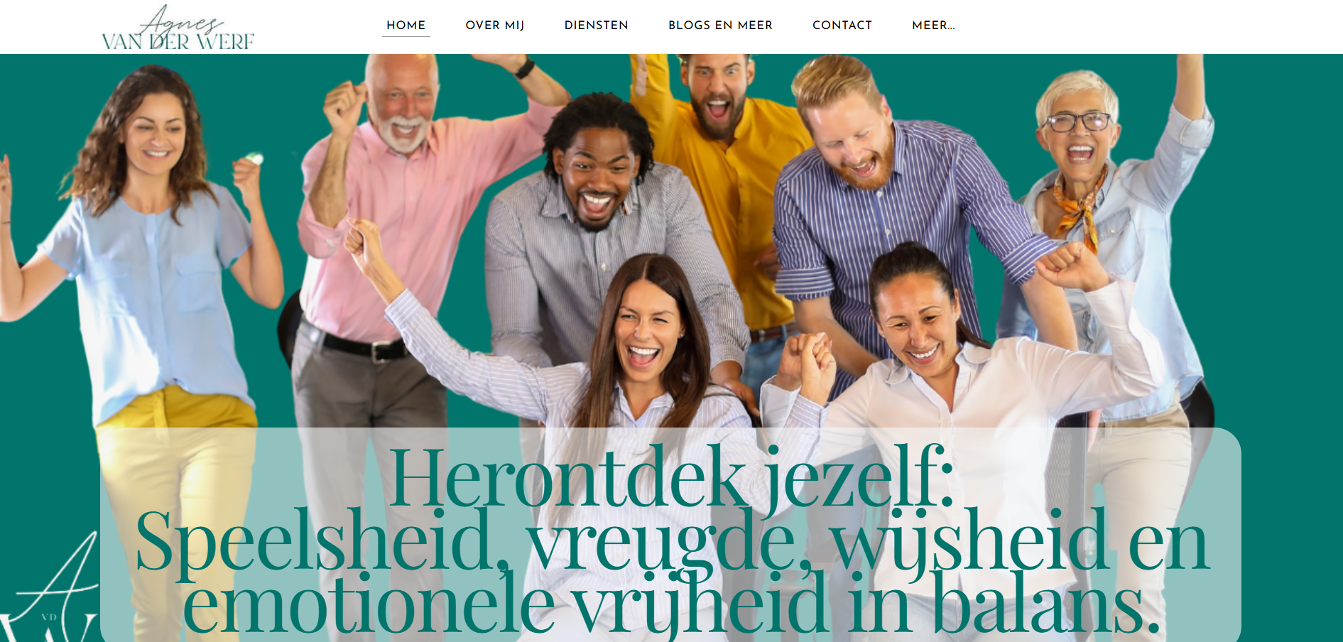 Group of diverse people smiling and celebrating with arms raised. Teal background with white text.