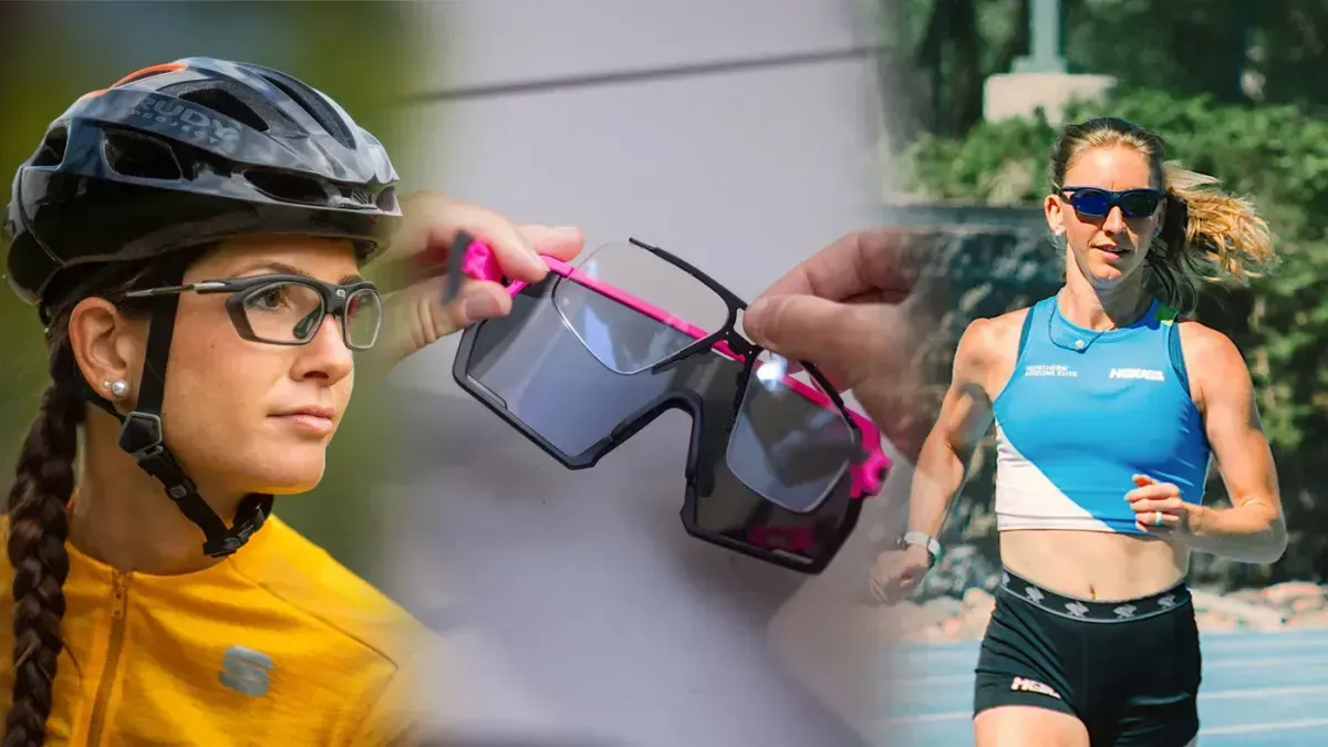 Two female cyclists in helmets and sportswear, one removing pink sunglasses, another running in a blue top.