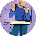 Nurse in blue scrubs holds a syringe beside a patient’s arm in a circular healthcare illustration