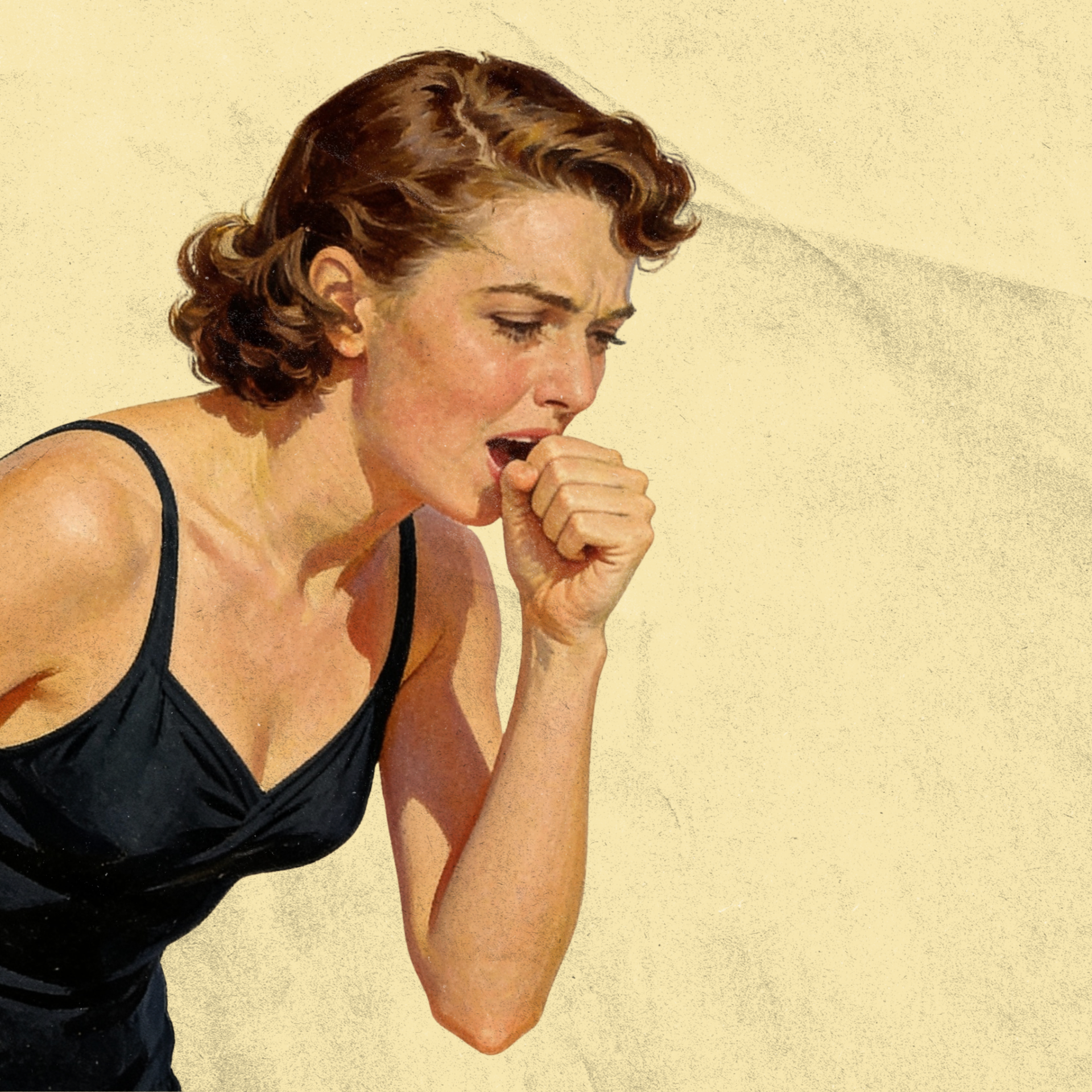 Woman in a black tank top coughing into her fist against a pale wall.