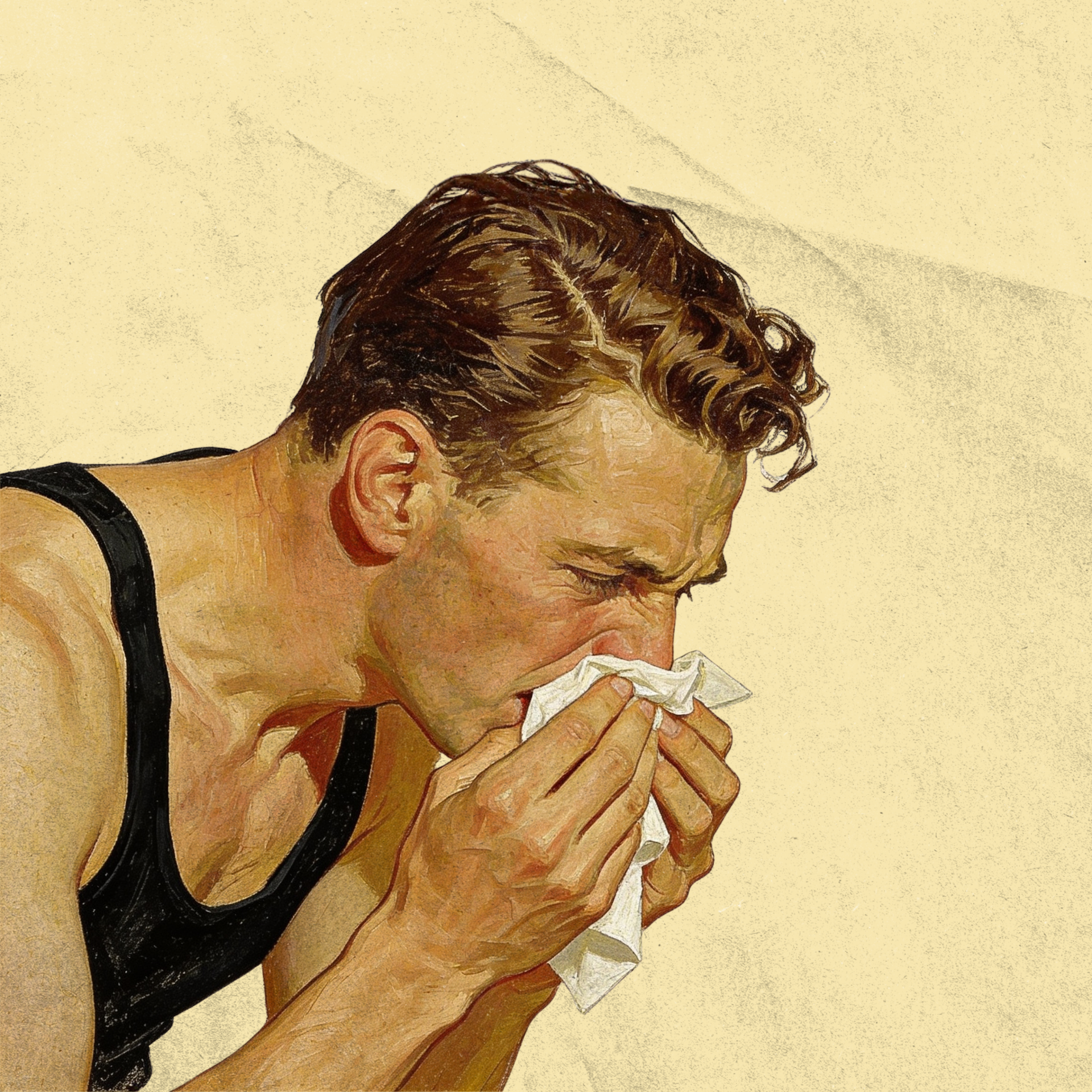 Man in black tank top blowing his nose into a tissue against a pale background