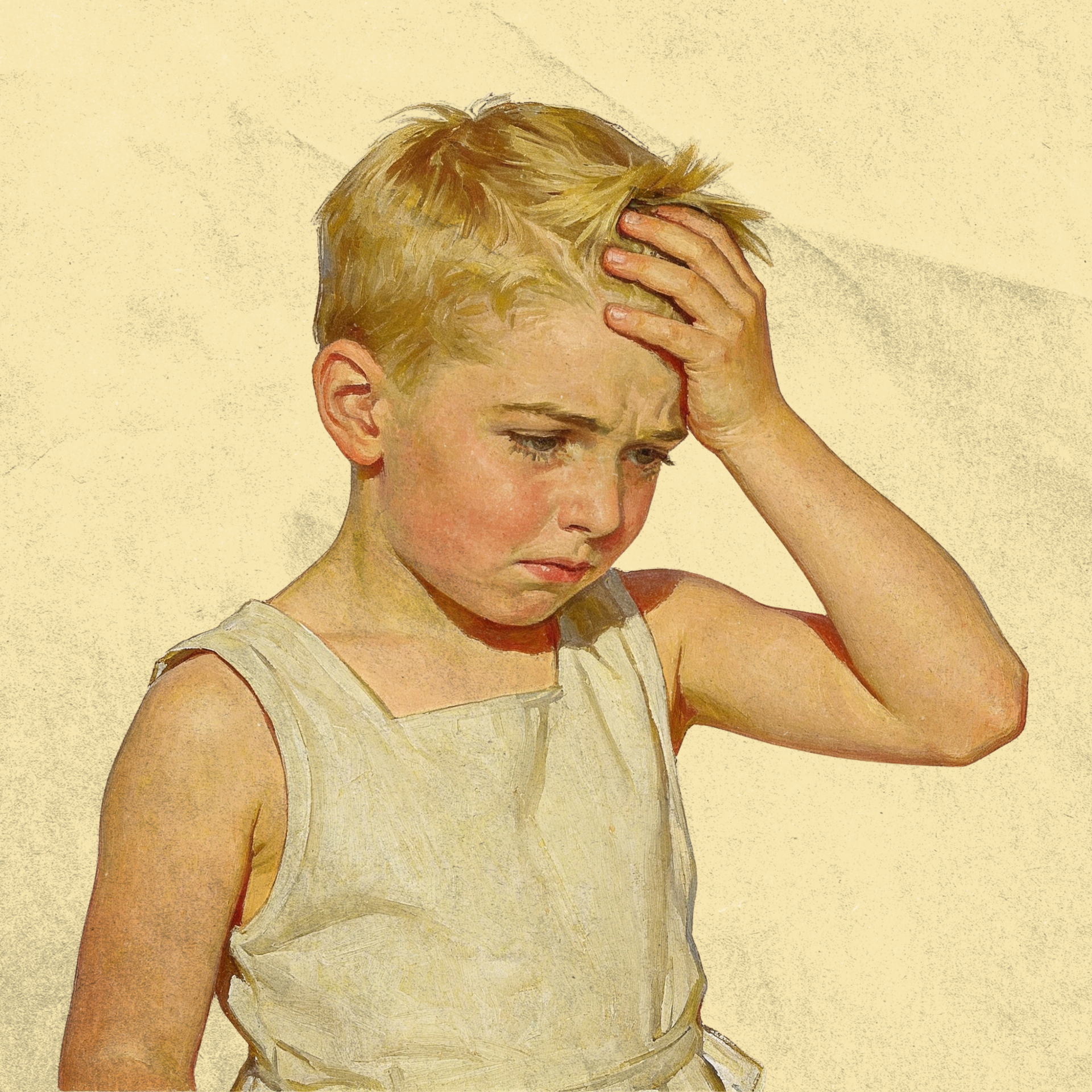 Blond child in a sleeveless shirt holds their head, looking worried against a pale wall.