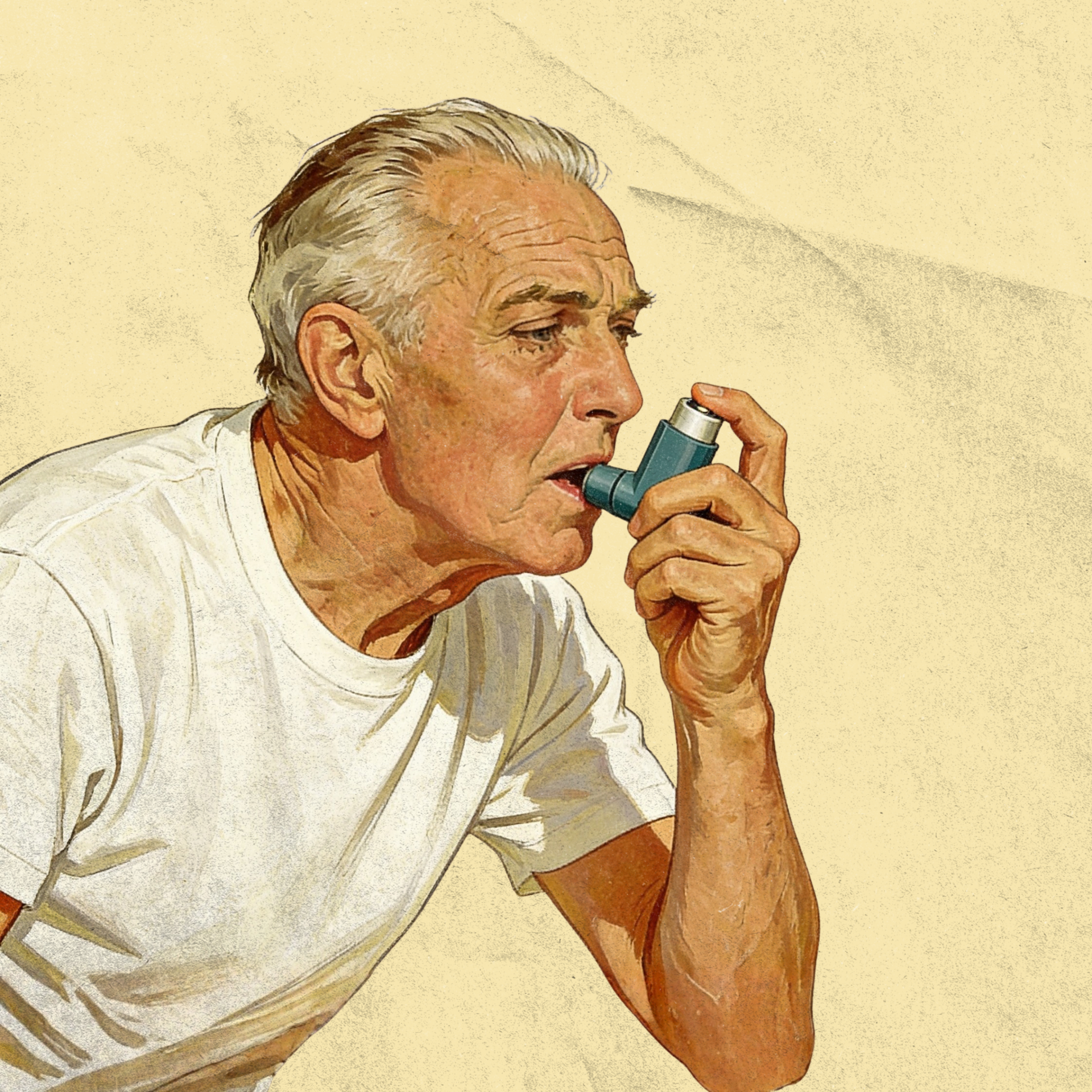 Older man in a white shirt using a blue inhaler against a beige wall