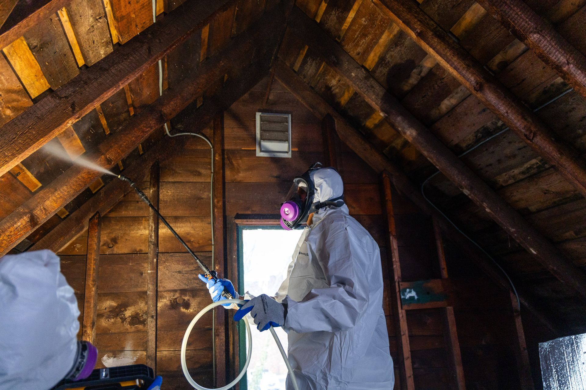 Person in white protective suit spraying the attic rafters with a blue nozzle under exposed wooden beams.