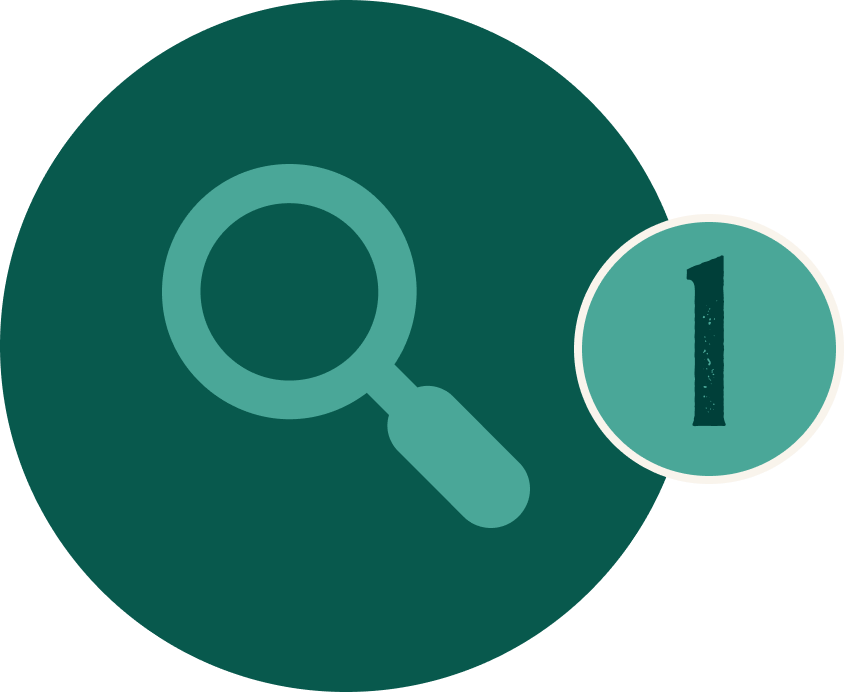 Magnifying glass icon on a dark green circle with a small numbered badge showing 1