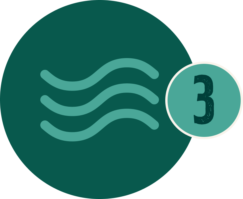Dark green circle with three light teal wavy lines and a small teal circle labeled 3