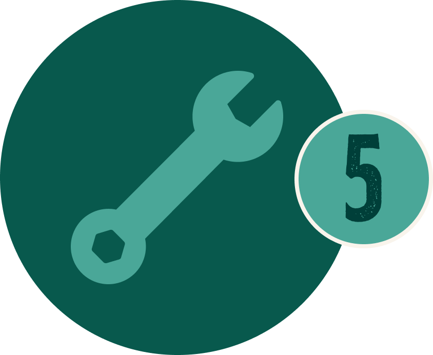 Green circular wrench icon with a small badge showing the number 5