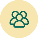 A dark green icon of three stylized human figures clustered together, set against a pale yellow circular background.