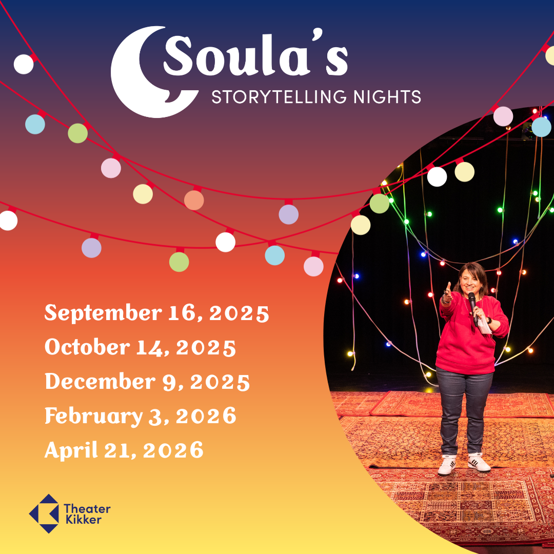 Poster van Soul's Storytelling Nights met data en een spreker onder lichtslingers.