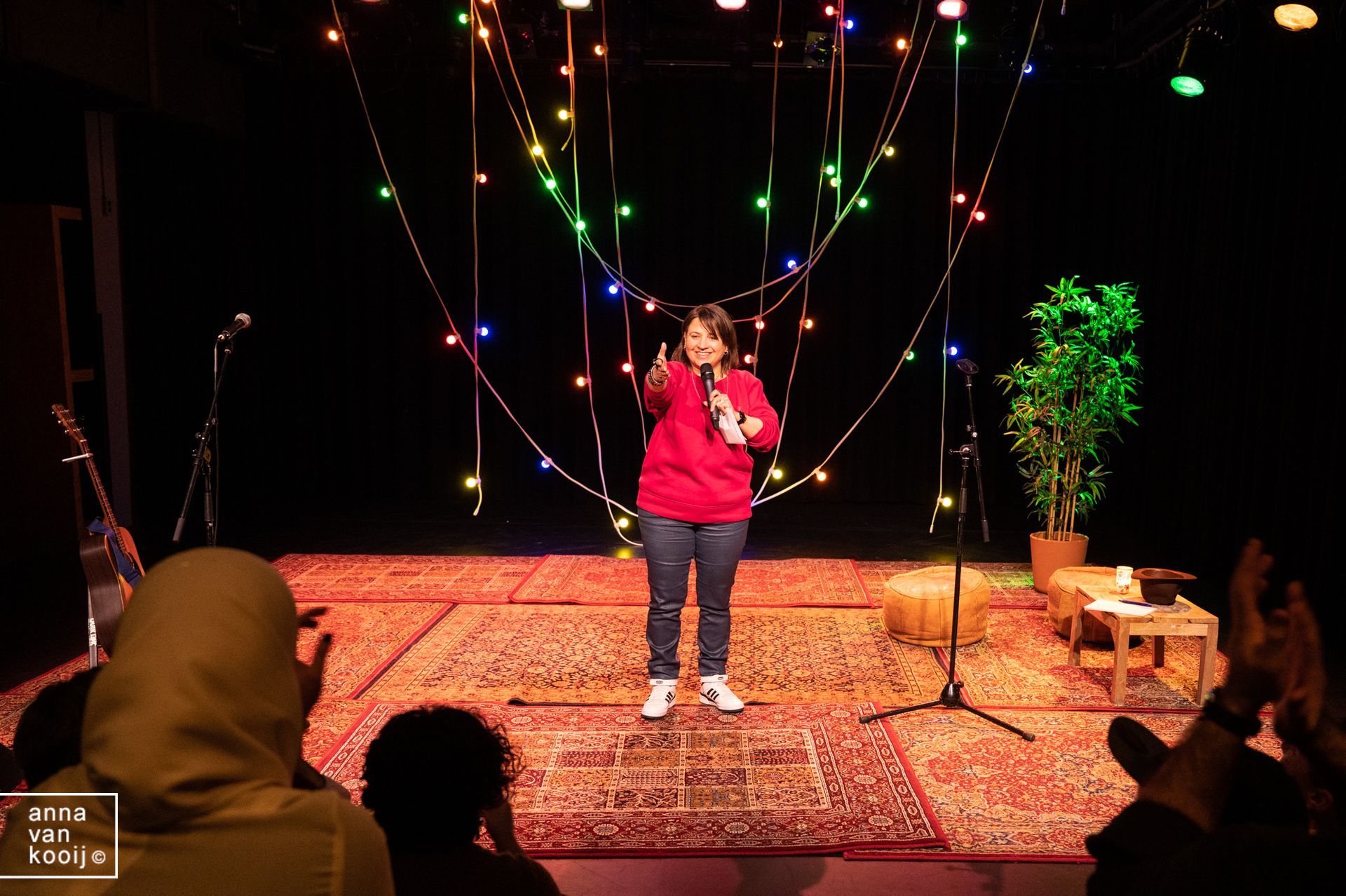Artiest in roze shirt zingt op een verlicht podium met tapijten, lichtslingers en silhouetten van publiek.